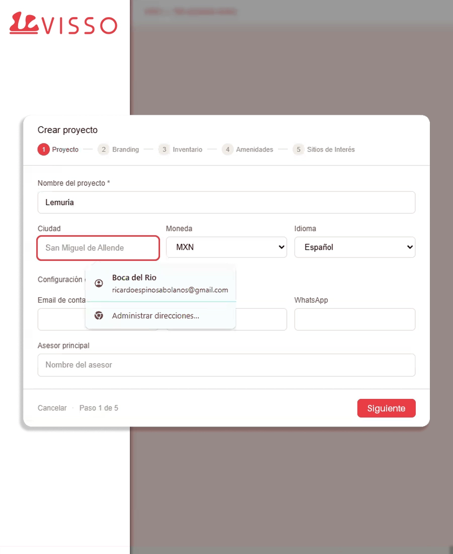 Panel de creación de proyecto VISSO